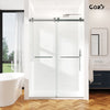 Cozy GD09 brushed nickel frameless double sliding shower door in a modern bathroom