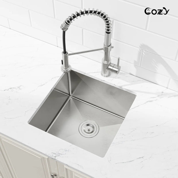COZY 18-Inch Undermount Single Bowl Stainless Steel Kitchen Sink (Black & Brushed Nickel Finish)