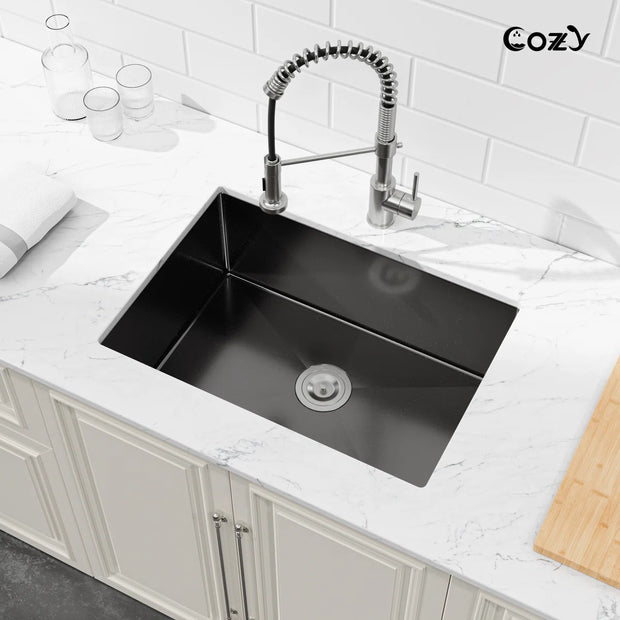 COZY 27-Inch Undermount Single Bowl Stainless Steel Kitchen Sink (Black & Brushed Nickel)