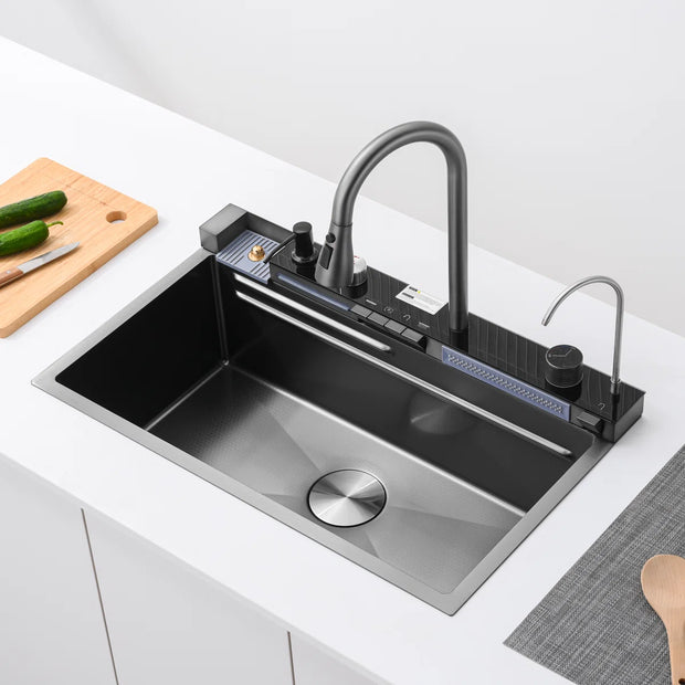 30" x 18" Stainless Steel Waterfall Workstation Kitchen Sink with Pull-Down Faucet, Cup Washer & Sprayer, Single Bowl Brushed Finish