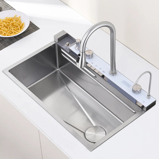 30" x 18" Stainless Steel Waterfall Workstation Kitchen Sink with Pull-Down Faucet, Cup Washer & Sprayer, Single Bowl Brushed Finish