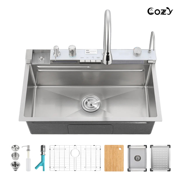30" Drop-in Single Bowl Stainless Steel Kitchen Workstation Sink with Air Gap, Digital Display SS-BL10-301808