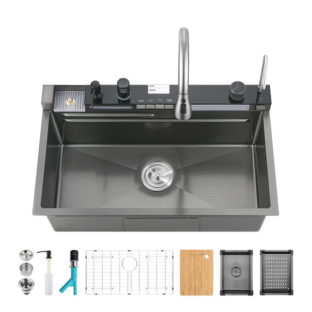 30" Drop-in Single Bowl Stainless Steel Kitchen Workstation Sink with Air Gap, Digital Display SS-BL10-301808