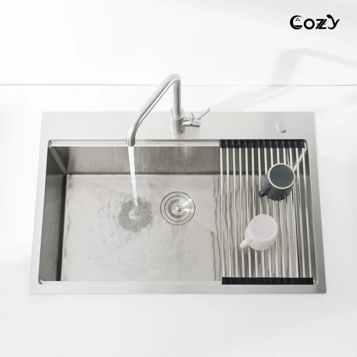 Cozy 30 Inch Drop-In Single Bowl Stainless Steel Kitchen Workstation Sink with Cutting Board, Colander, Dish Rack & Basket Strainer (Brushed Nickel / Black)