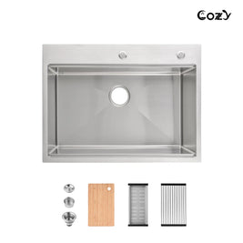 Cozy 30 Inch Drop-In Single Bowl Stainless Steel Kitchen Workstation Sink with Cutting Board, Colander, Dish Rack & Basket Strainer (Brushed Nickel / Black)