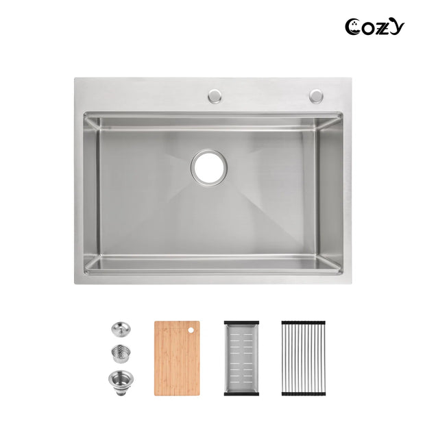 Cozy 30 Inch Drop-In Single Bowl Stainless Steel Kitchen Workstation Sink with Cutting Board, Colander, Dish Rack & Basket Strainer (Brushed Nickel / Black)