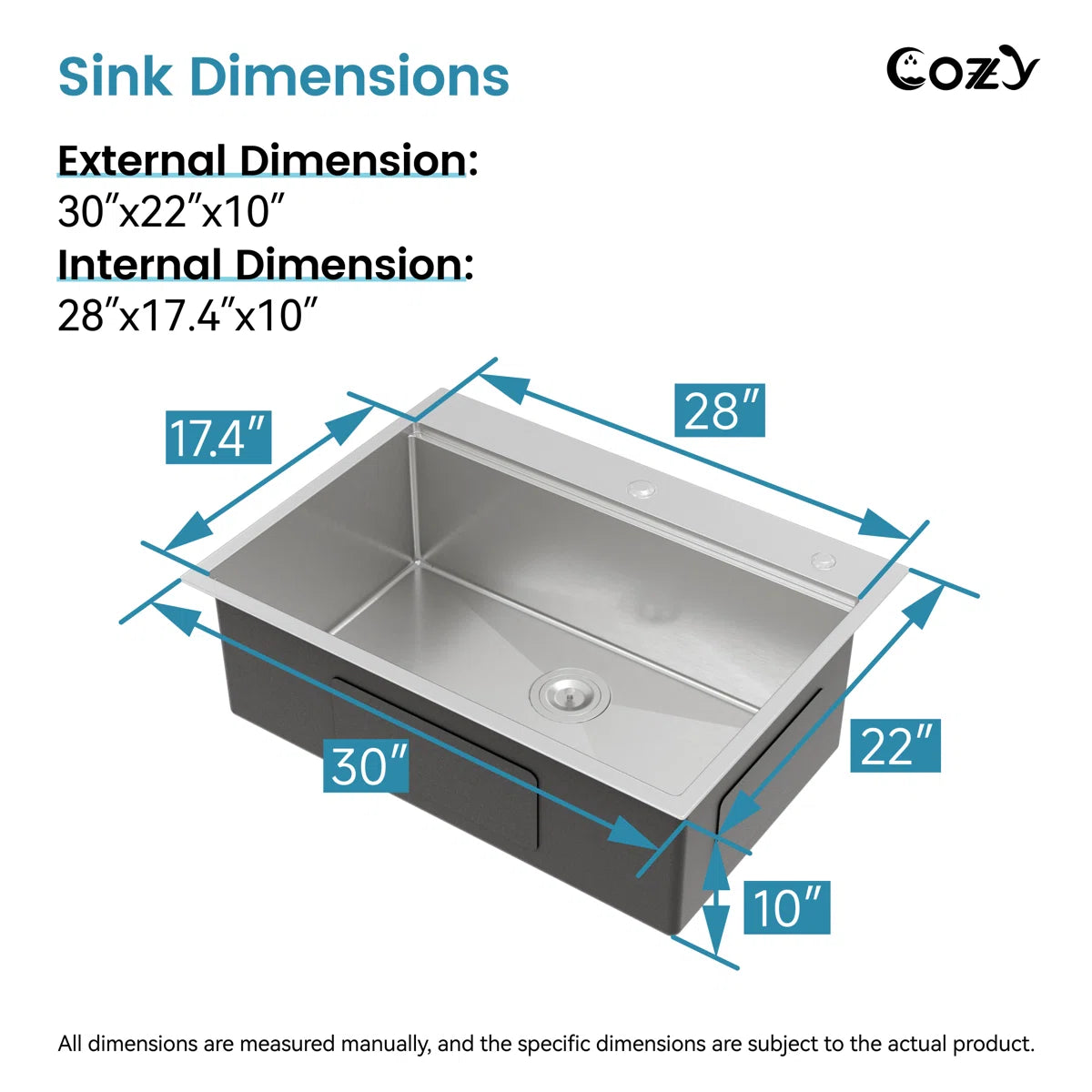 Cozy 30 Inch Drop-In Single Bowl Stainless Steel Kitchen Workstation Sink with Cutting Board, Colander, Dish Rack & Basket Strainer (Brushed Nickel / Black)