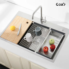 Cozy 30 Inch Drop-In Single Bowl Stainless Steel Kitchen Workstation Sink with Cutting Board, Colander, Dish Rack & Basket Strainer (Brushed Nickel / Black)
