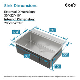 Cozy 30 Inch Drop-In Single Bowl Stainless Steel Kitchen Workstation Sink with Cutting Board, Colander, Dish Rack & Basket Strainer (Brushed Nickel / Black)