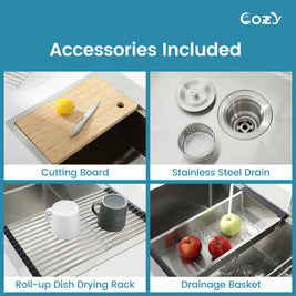 Cozy 30 Inch Drop-In Single Bowl Stainless Steel Kitchen Workstation Sink with Cutting Board, Colander, Dish Rack & Basket Strainer (Brushed Nickel / Black)