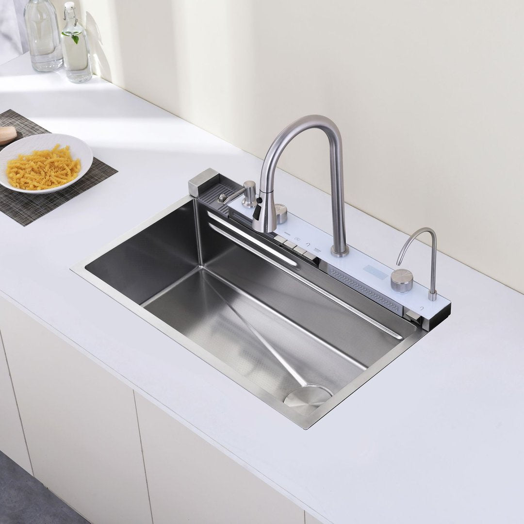 30″×18″ Stainless Steel Single Bowl Kitchen Sink, Brushed Waterfall Workstation with Flying-Rain Faucet, Sprayhead, Cup Washer, 1 Pack, SS-BR06-301808