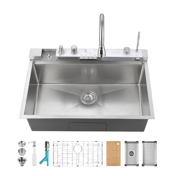 COZY 33" Drop-in Single Bowl Stainless Steel Kitchen Workstation Sink with Air Gap