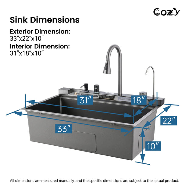 COZY 33" Drop-in Single Bowl Stainless Steel Kitchen Workstation Sink with Air Gap