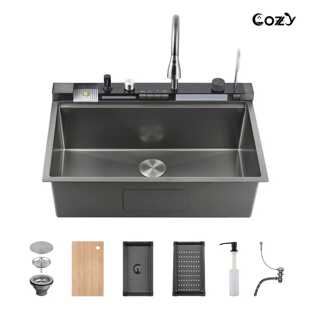 33" Drop-in Single Bowl Stainless Steel Kitchen Workstation Sink with Digital Display Pull-Down Faucet