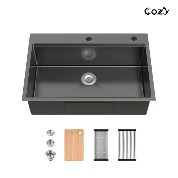 COZY 33" Stainless Steel Workstation Kitchen Sink with Accessories, Single Bowl Drop-In
