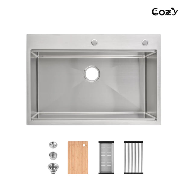 COZY 33" Stainless Steel Workstation Kitchen Sink with Accessories, Single Bowl Drop-In