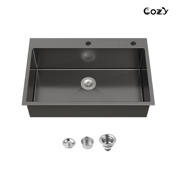33" L Drop-in Single Bowl Stainless Steel Kitchen Sink with Basket Strainer SS-BL02D-332212