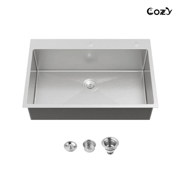 33" L Drop-in Single Bowl Stainless Steel Kitchen Sink with Basket Strainer SS-BL02D-332212
