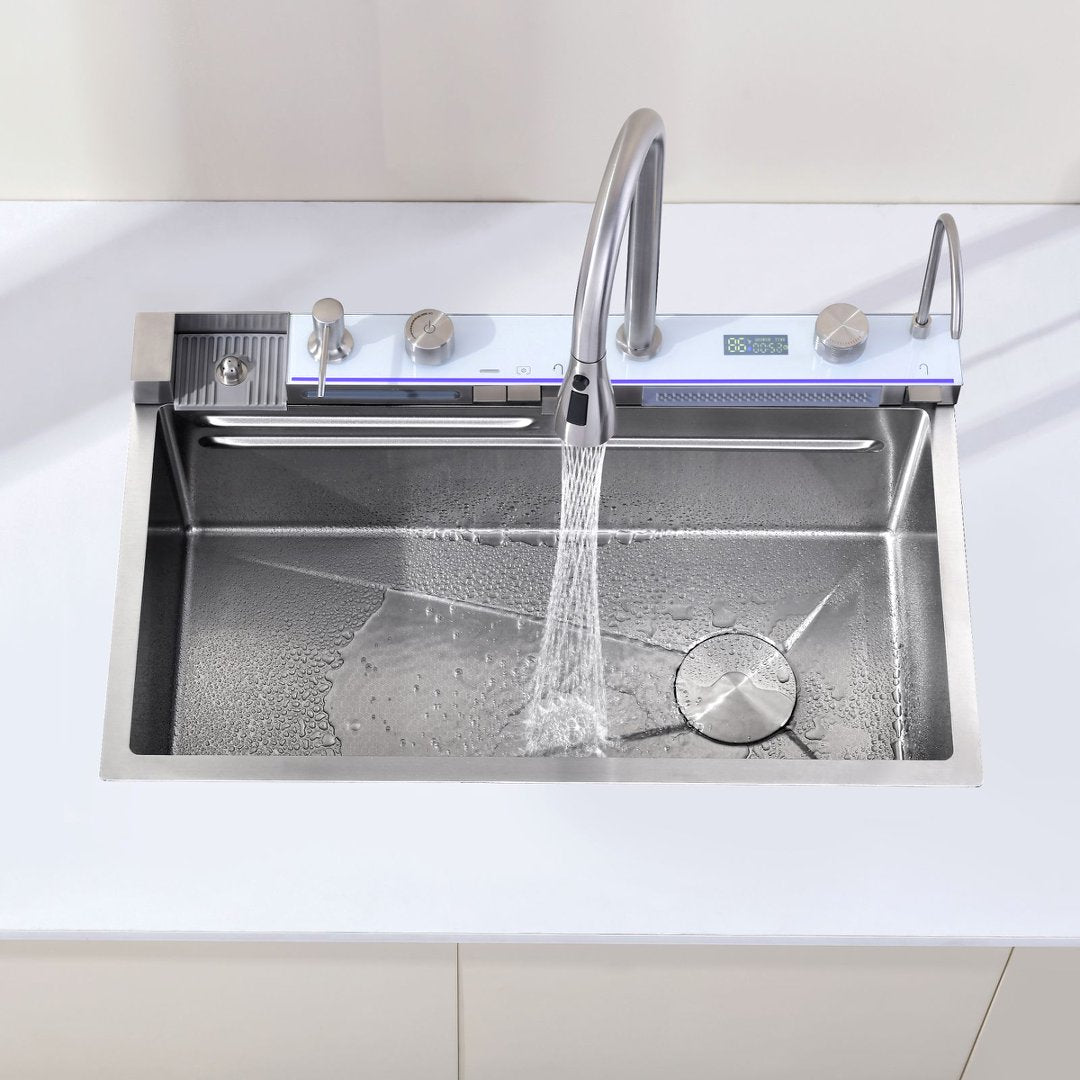 30″×18″ Stainless Steel Single Bowl Kitchen Sink, Brushed Waterfall Workstation with Flying-Rain Faucet, Sprayhead, Cup Washer, 1 Pack, SS-BR06-301808