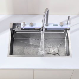 30″×18″ Stainless Steel Single Bowl Kitchen Sink, Brushed Waterfall Workstation with Flying-Rain Faucet, Sprayhead, Cup Washer, 1 Pack, SS-BR06-301808