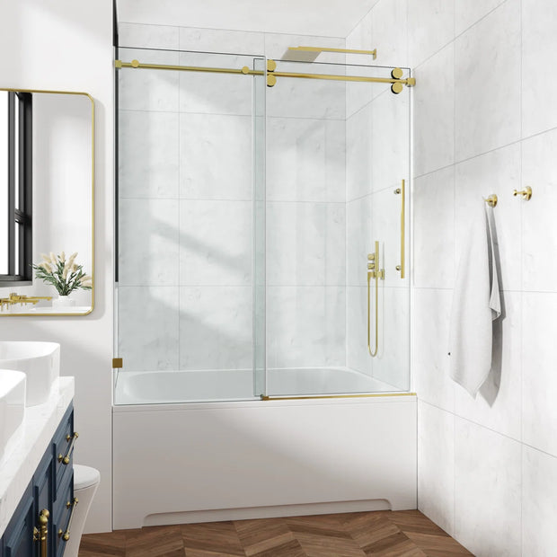 Cozy 44"-49"W × 60"H Frameless Sliding Tub Door, 3/8" Tempered Glass, Easy-Clean & Shatter-Resistant Film, Matte Black/Brushed Nickel/Chrome/Brushed Gold