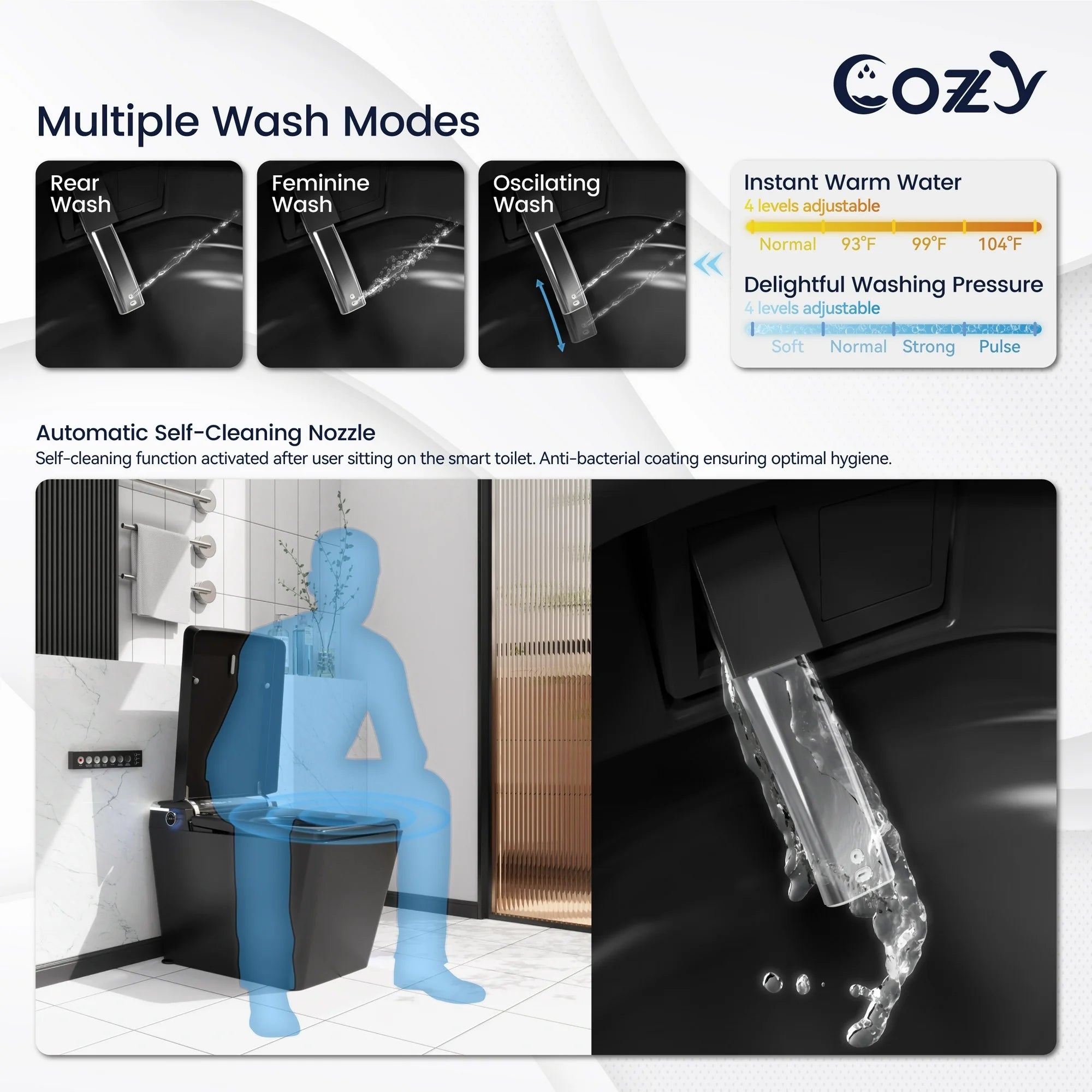 COZY Square Smart Toilet | Foot Sensor, Auto Flush, Tankless & Instant Heat | STBL06-1