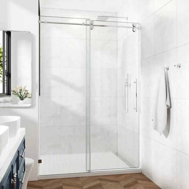 50-55" W x 76" H Frameless Single Sliding Shower Door with 3/8" (10mm) Clear Tempered Glass, Shatter-Resistant Film & Installation Hole Locator - Round Top Rail GD10-BM-5476