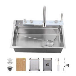 30″×18″ Stainless Steel Single Bowl Kitchen Sink, Brushed Waterfall Workstation with Flying-Rain Faucet, Sprayhead, Cup Washer, 1 Pack, SS-BR06-301808