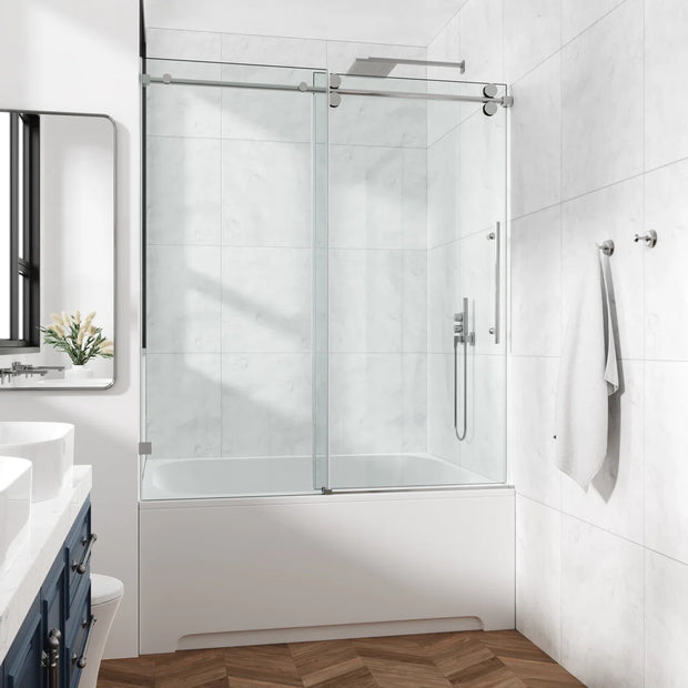 Cozy 62"-67"W x 60"H Frameless Single Sliding Tub Door, 3/8" Tempered Glass