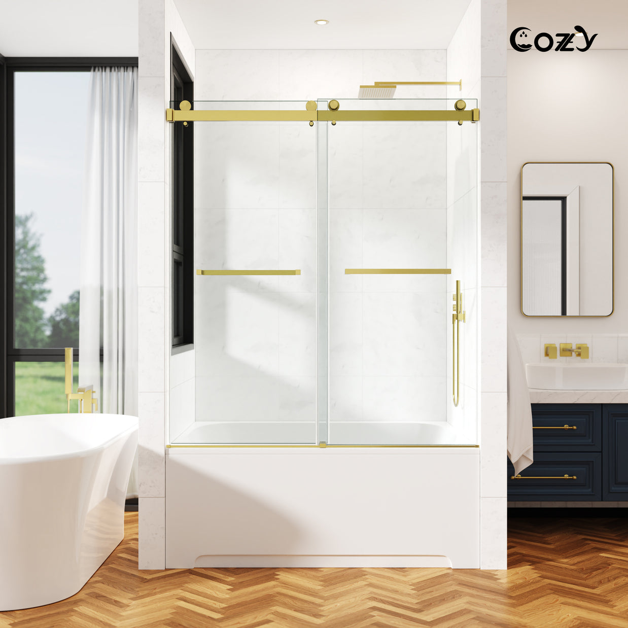 Cozy 44-49" W x 60" H Frameless Double Sliding Shower Tub Door - 3/8" Clear Tempered Glass