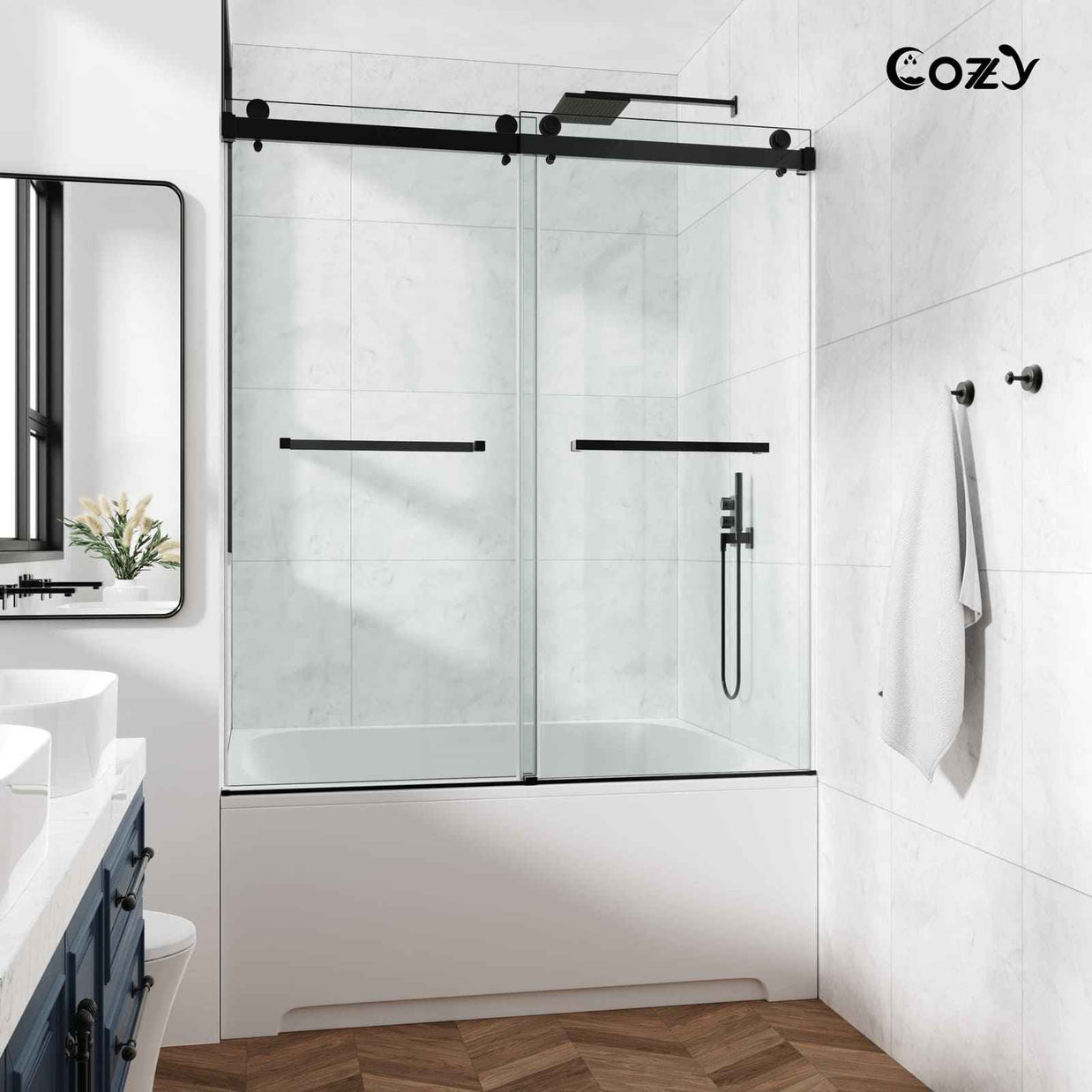 56-61" W x 60" H Frameless Double Sliding Tub Door with 3/8" (10mm) Clear Tempered Glass, Shatter-Resistant Film & Installation Hole Locator