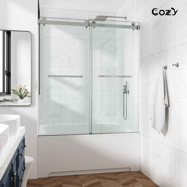 56-61" W x 60" H Frameless Double Sliding Tub Door with 3/8" (10mm) Clear Tempered Glass, Shatter-Resistant Film & Installation Hole Locator