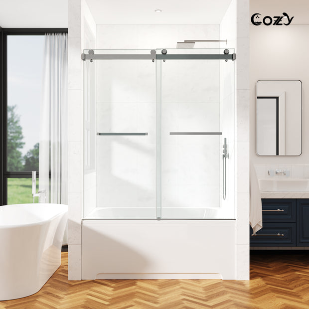 Cozy Frameless Double Sliding Tub Door, 50"-55"W x 60"H, 3/8" Tempered Glass, Easy-Clean Coating