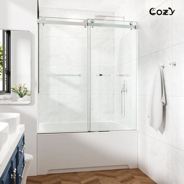 Cozy 62"-67"W x 66"H Frameless Double Sliding Tub Door, 3/8" Tempered Glass
