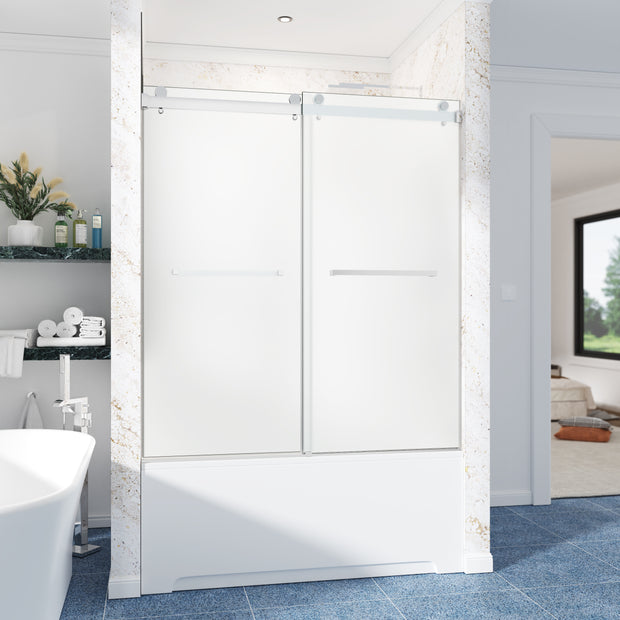 Cozy 56"-61"W x 66"H Frameless Frosted Double Sliding Tub Door, 3/8" Glass