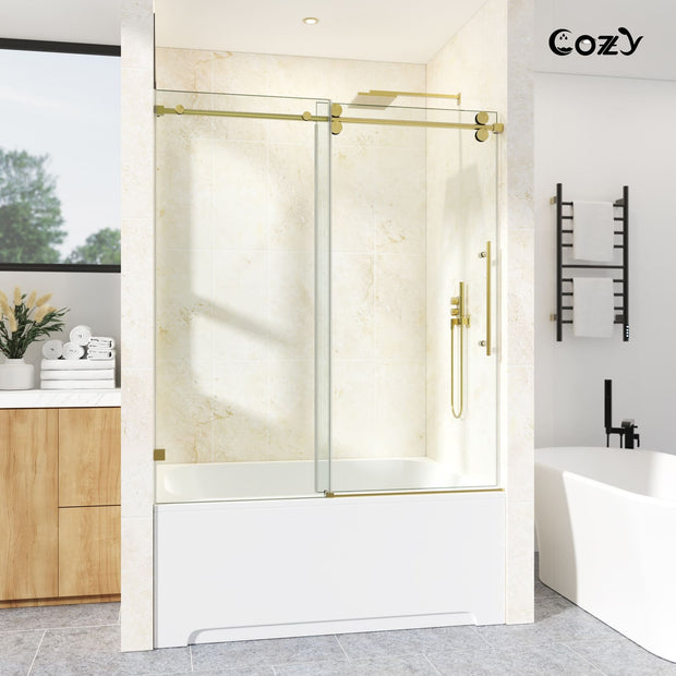 Cozy 62"-67"W x 66"H Frameless Single Sliding Tub Door, 3/8" Tempered Glass