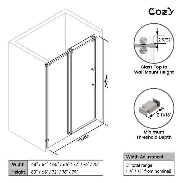 Cozy 62"-67"W x 66"H Frameless Single Sliding Tub Door, 3/8" Tempered Glass