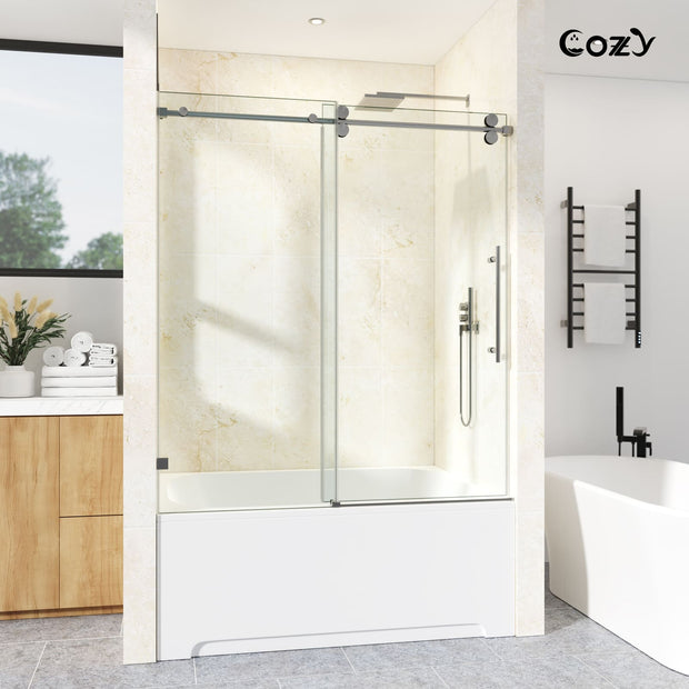 Cozy 62"-67"W x 66"H Frameless Single Sliding Tub Door, 3/8" Tempered Glass