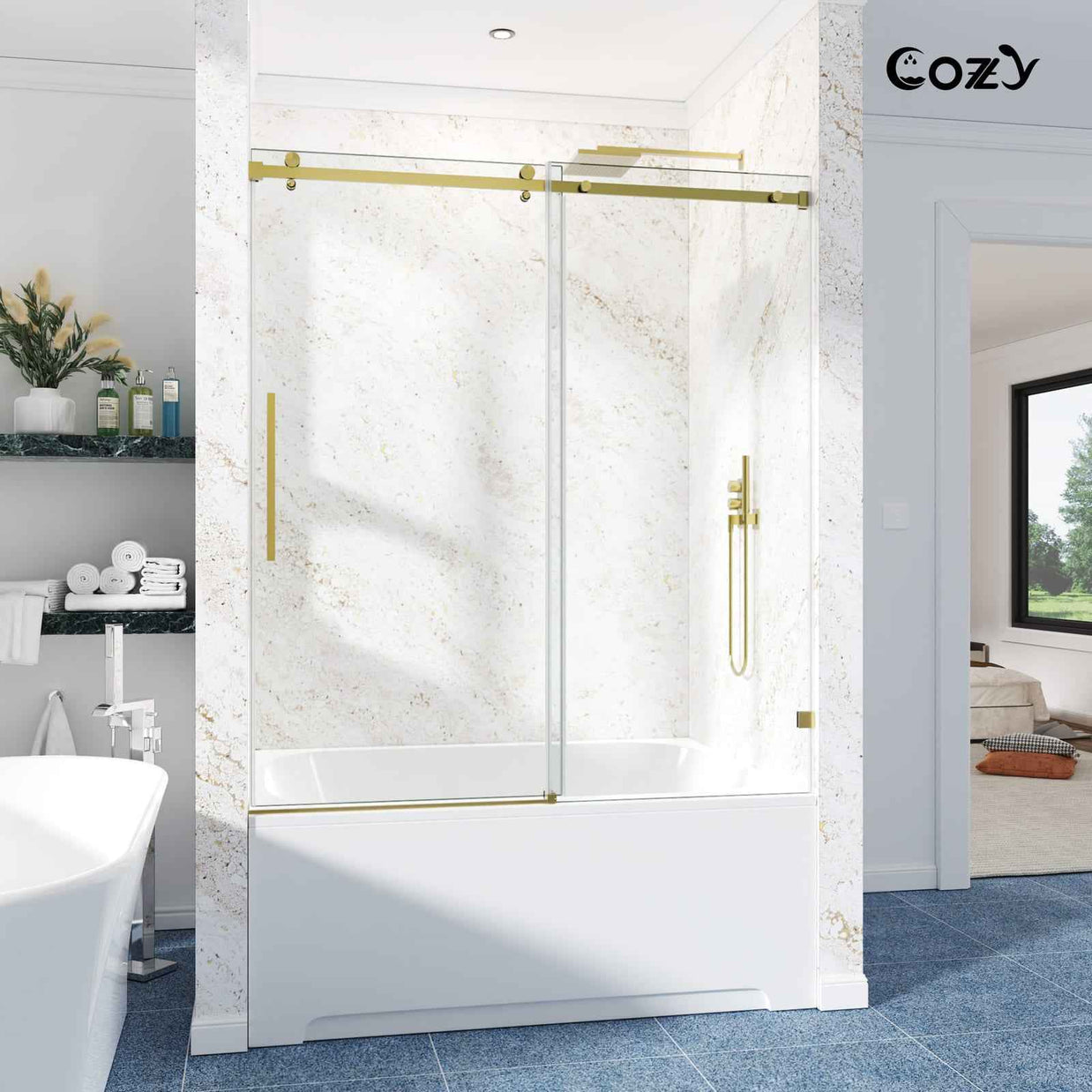 Cozy 62"-67"W x 66"H Frameless Single Sliding Tub Door, 3/8" Tempered Glass