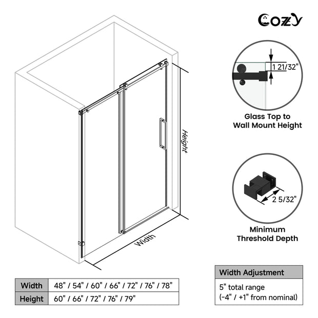 Cozy 62"-67"W x 60"H Frameless Single Sliding Tub Door, 3/8" Tempered Glass