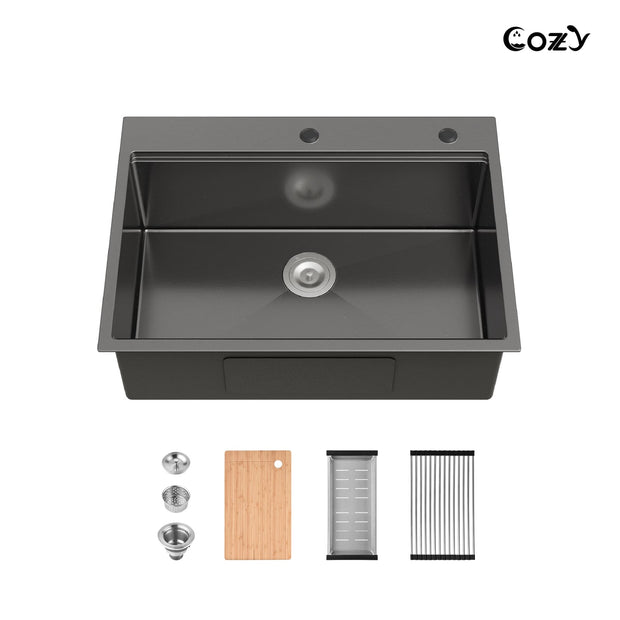 Cozy 30 Inch Drop-In Single Bowl Stainless Steel Kitchen Workstation Sink with Cutting Board, Colander, Dish Rack & Basket Strainer (Brushed Nickel / Black)