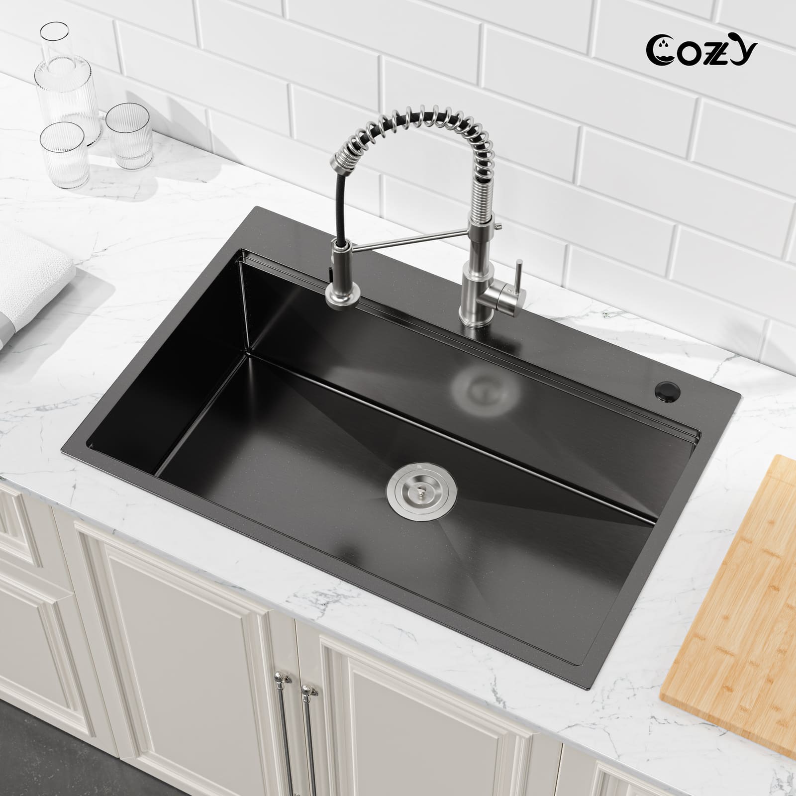 Cozy 30 Inch Drop-In Single Bowl Stainless Steel Kitchen Workstation Sink with Cutting Board, Colander, Dish Rack & Basket Strainer (Brushed Nickel / Black)