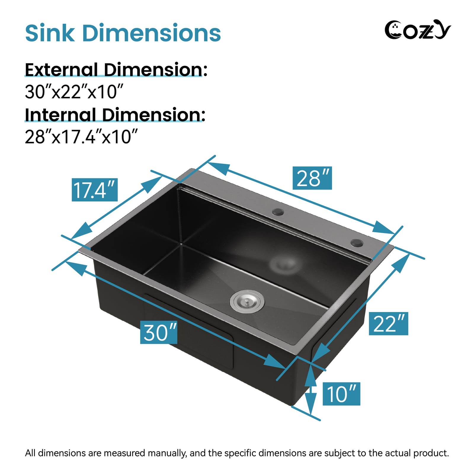 Cozy 30 Inch Drop-In Single Bowl Stainless Steel Kitchen Workstation Sink with Cutting Board, Colander, Dish Rack & Basket Strainer (Brushed Nickel / Black)