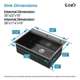Cozy 30 Inch Drop-In Single Bowl Stainless Steel Kitchen Workstation Sink with Cutting Board, Colander, Dish Rack & Basket Strainer (Brushed Nickel / Black)