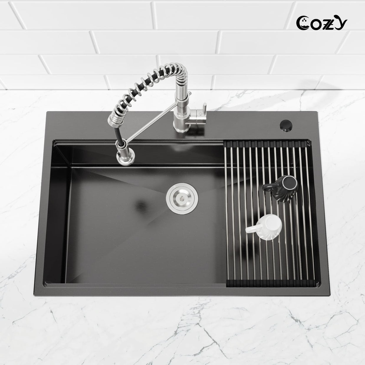 Cozy 30 Inch Drop-In Single Bowl Stainless Steel Kitchen Workstation Sink with Cutting Board, Colander, Dish Rack & Basket Strainer (Brushed Nickel / Black)
