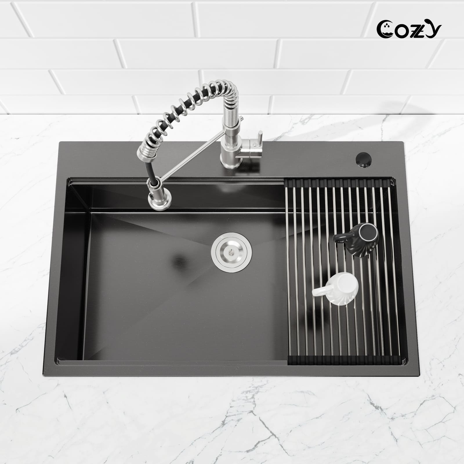 Cozy 30 Inch Drop-In Single Bowl Stainless Steel Kitchen Workstation Sink with Cutting Board, Colander, Dish Rack & Basket Strainer (Brushed Nickel / Black)