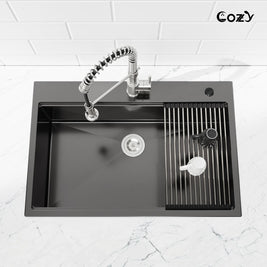 Cozy 30 Inch Drop-In Single Bowl Stainless Steel Kitchen Workstation Sink with Cutting Board, Colander, Dish Rack & Basket Strainer (Brushed Nickel / Black)
