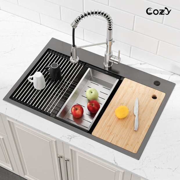 Cozy 30 Inch Drop-In Single Bowl Stainless Steel Kitchen Workstation Sink with Cutting Board, Colander, Dish Rack & Basket Strainer (Brushed Nickel / Black)