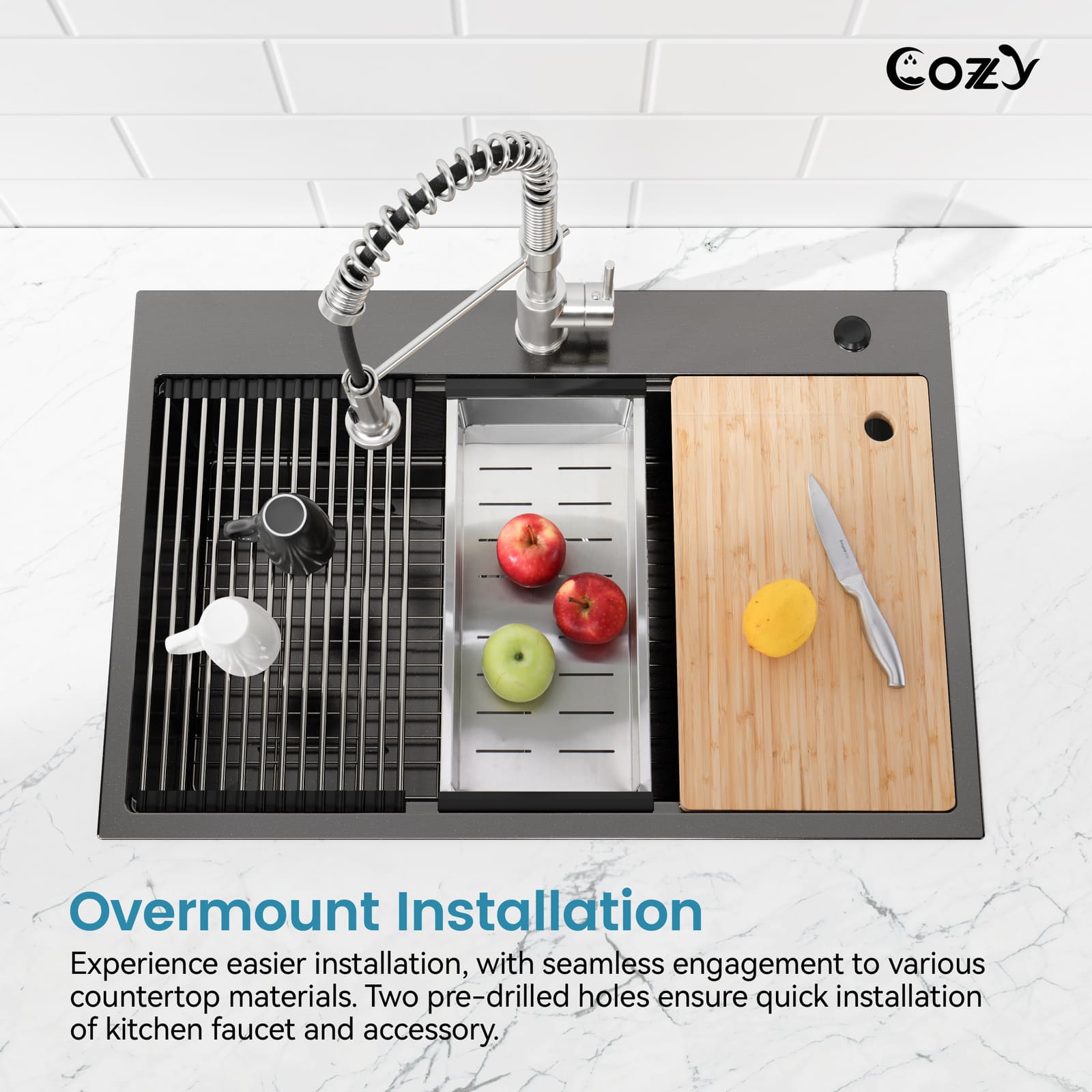 Cozy 30 Inch Drop-In Single Bowl Stainless Steel Kitchen Workstation Sink with Cutting Board, Colander, Dish Rack & Basket Strainer (Brushed Nickel / Black)
