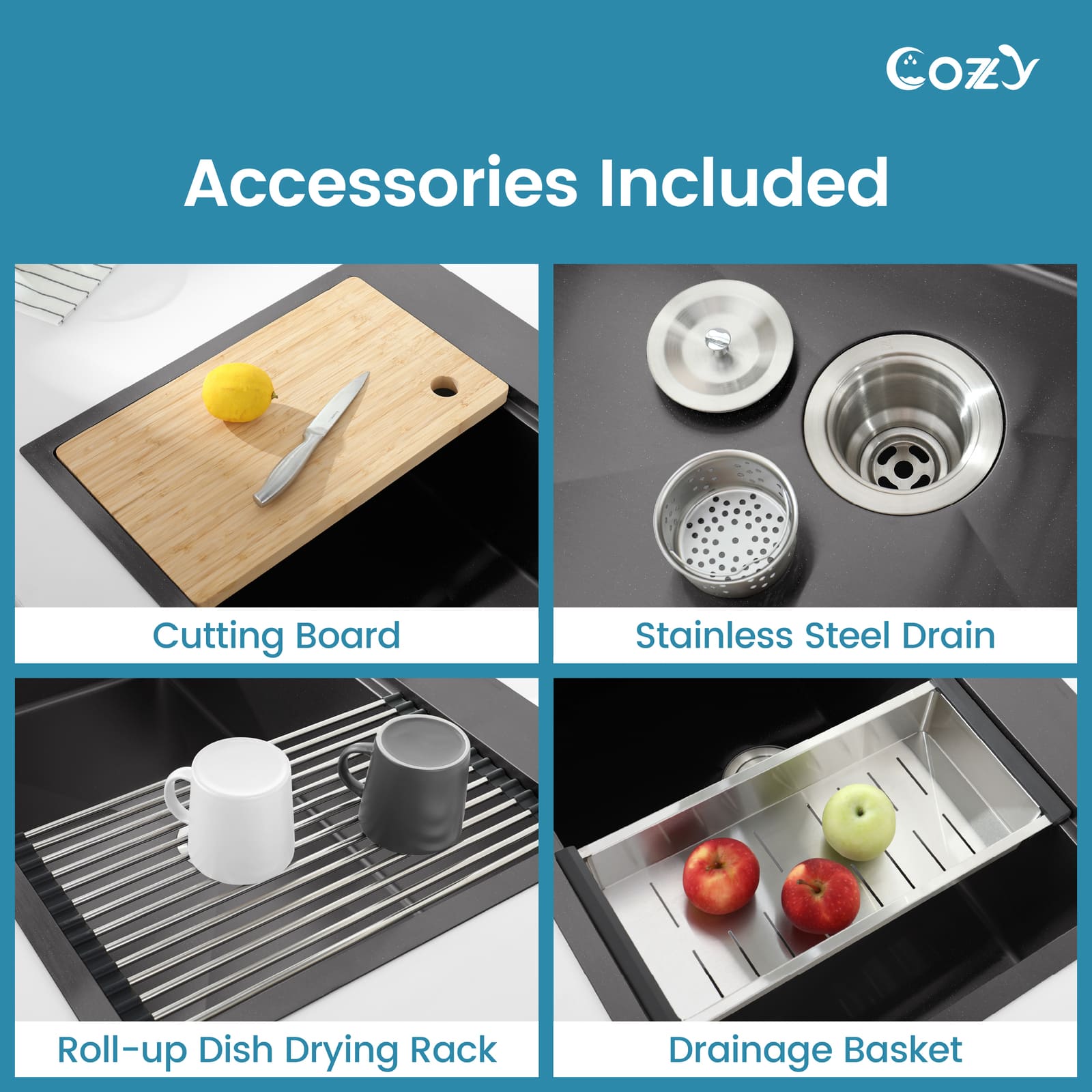 Cozy 30 Inch Drop-In Single Bowl Stainless Steel Kitchen Workstation Sink with Cutting Board, Colander, Dish Rack & Basket Strainer (Brushed Nickel / Black)